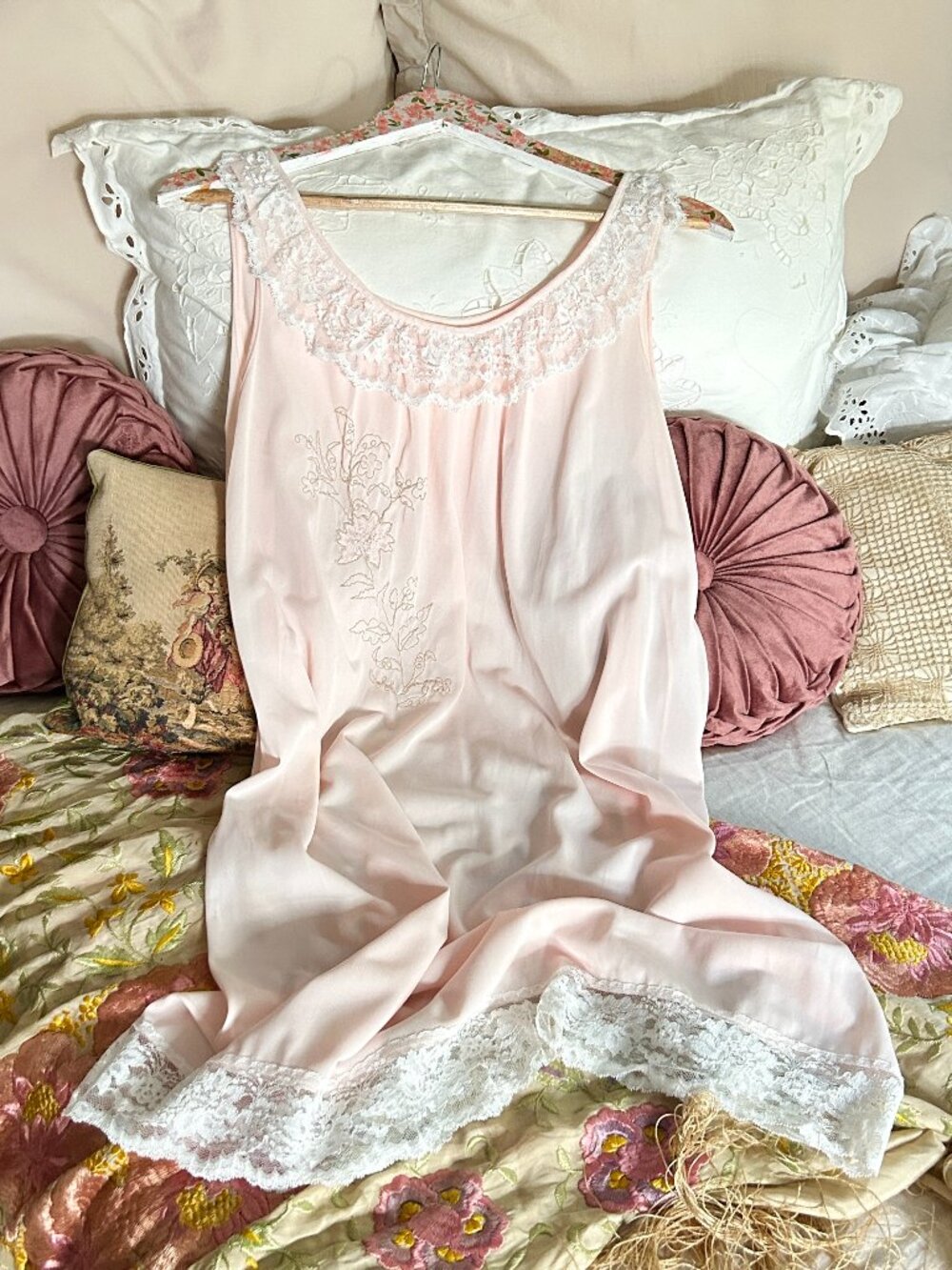 Vintage 60s Pink Babydoll Nightgown, White Lace Ruffles, Floral Embroidery